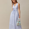 El Vestido Maxi Rayado con Escote en V y Fruncido Azul