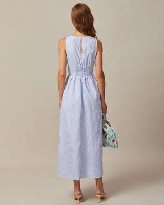 El Vestido Maxi Rayado con Escote en V y Fruncido Azul