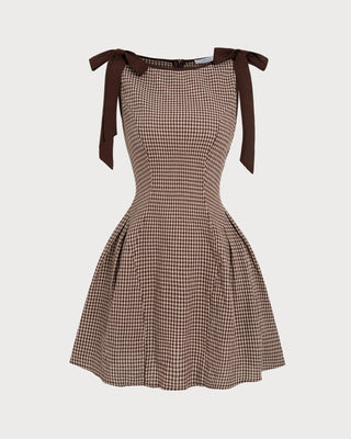 Vestido Mini de Tirantes con Cuadros Marrón