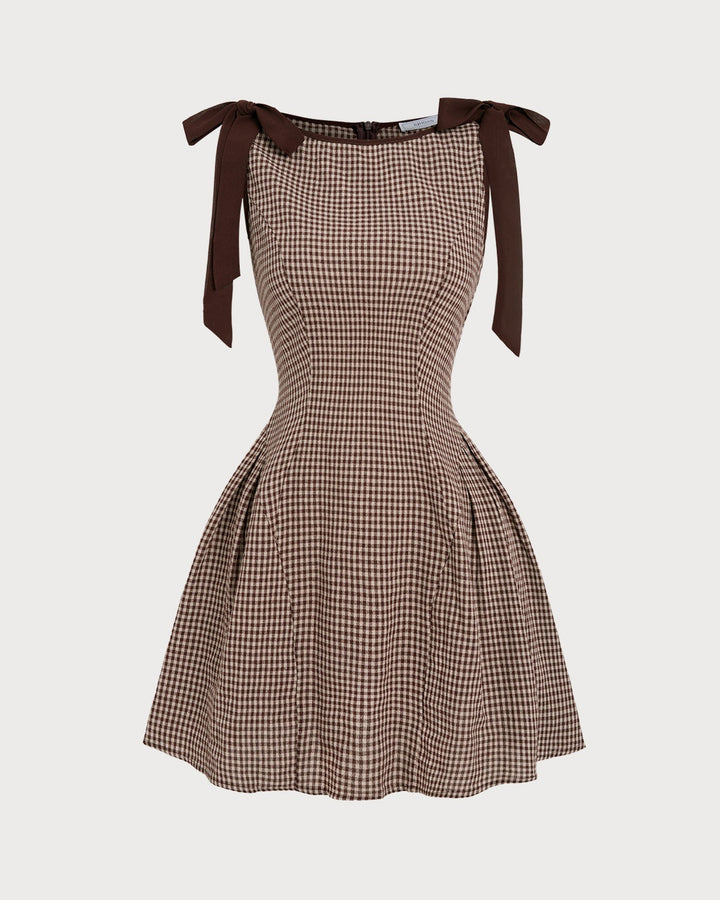 Vestido Mini de Tirantes con Cuadros Marrón