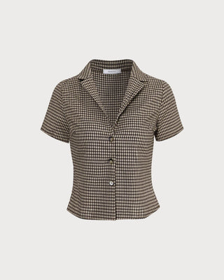 La Blusa de Cuello de Pata de Gallo Marrón de Manga Corta