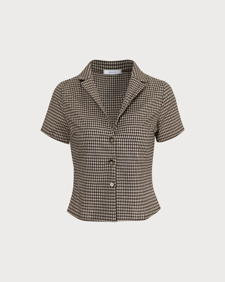 La Blusa de Cuello de Pata de Gallo Marrón de Manga Corta