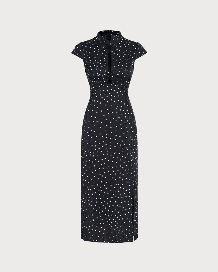Vestido Midi de Lunares con Cuello Mandarin