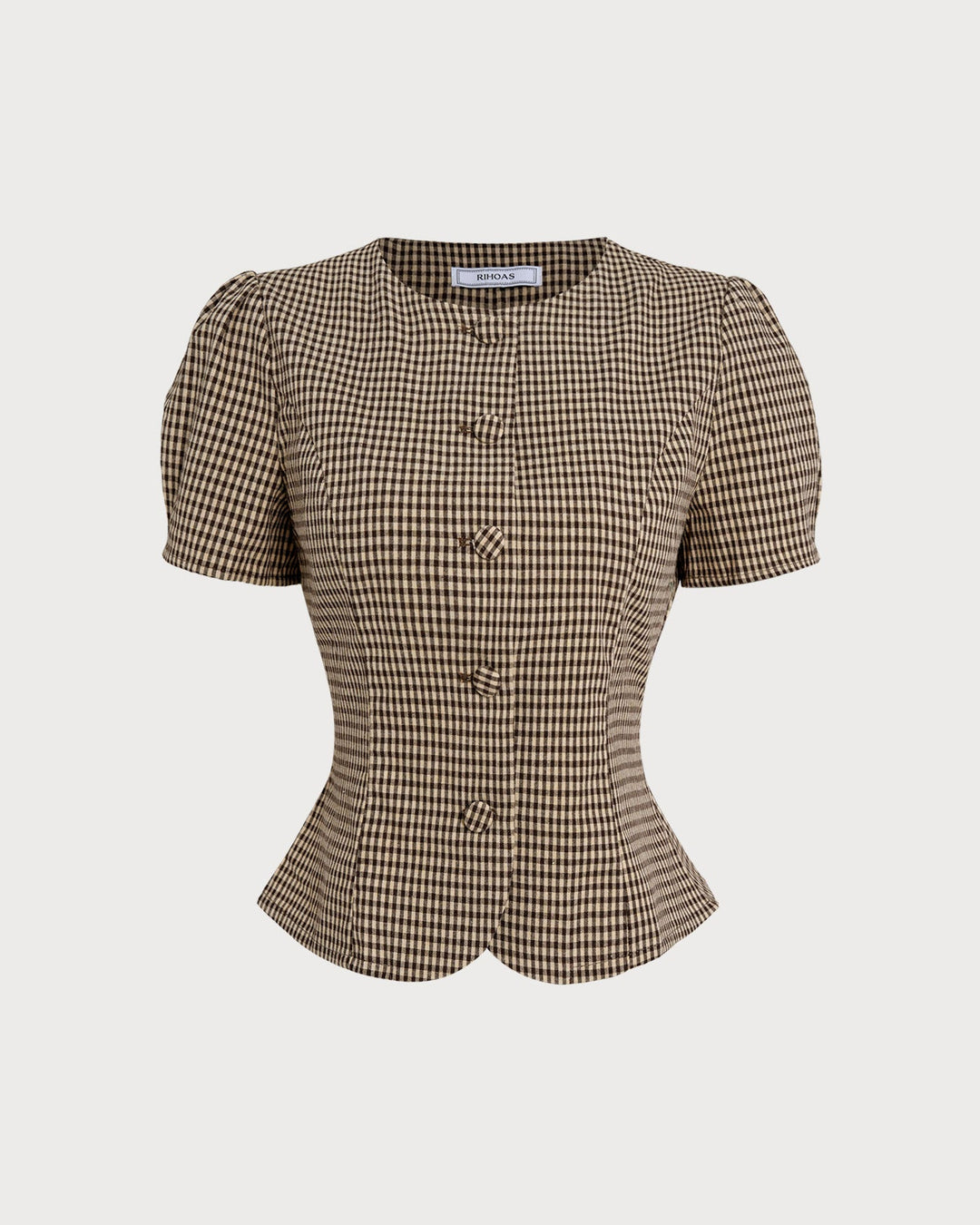 Blusa de Manga Abullonada a Cuadros Marrón
