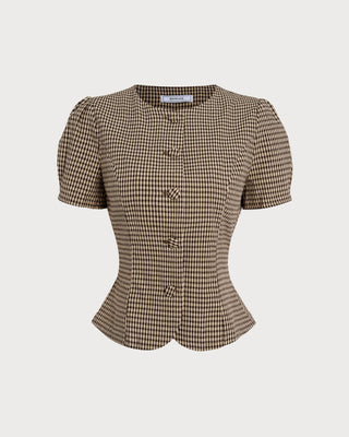Blusa de Manga Abullonada a Cuadros Marrón