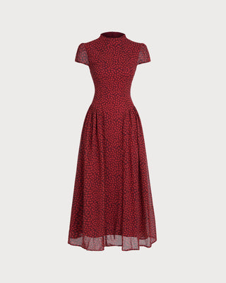 Vestido Maxi Floral de Manga Corta Roja