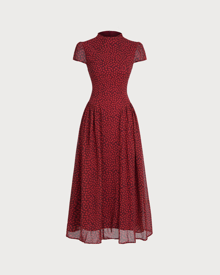 Vestido Maxi Floral de Manga Corta Roja