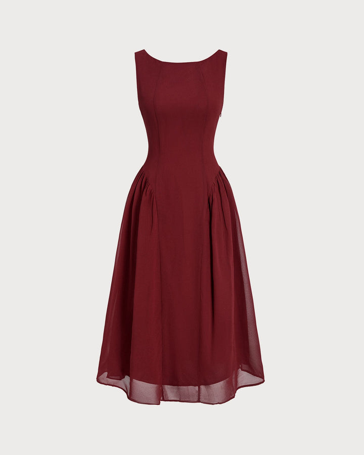 Vestido Midi Sin Mangas de Chiffon Rojo Vino