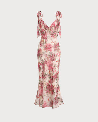 Vestido Midi con Volantes y Tirantes de Flores Rosadas