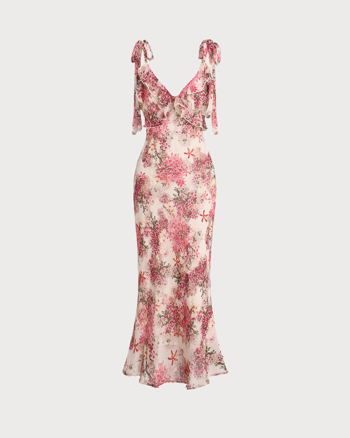 Vestido Midi con Volantes y Tirantes de Flores Rosadas