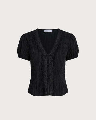 Blusa de Botones de Encaje Jacquard Negra