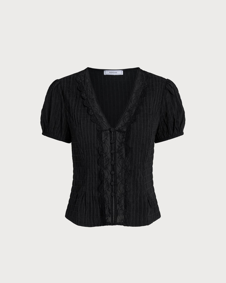 Blusa de Botones de Encaje Jacquard Negra