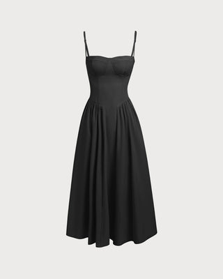 Vestido Midi Deslizante Negro con Cuello Cuadrado y Bolsillos