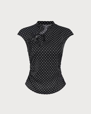 Camiseta de Cuello Mandarín con Lunares Negros