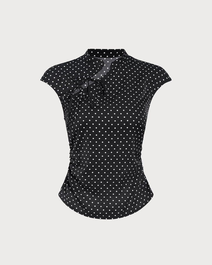Camiseta de Cuello Mandarín con Lunares Negros