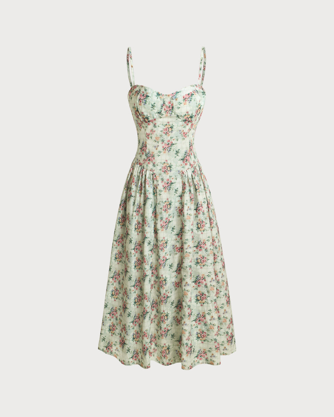 Vestido Midi de Tirantes con Escote Corazón y Pliegues en Verde Floral