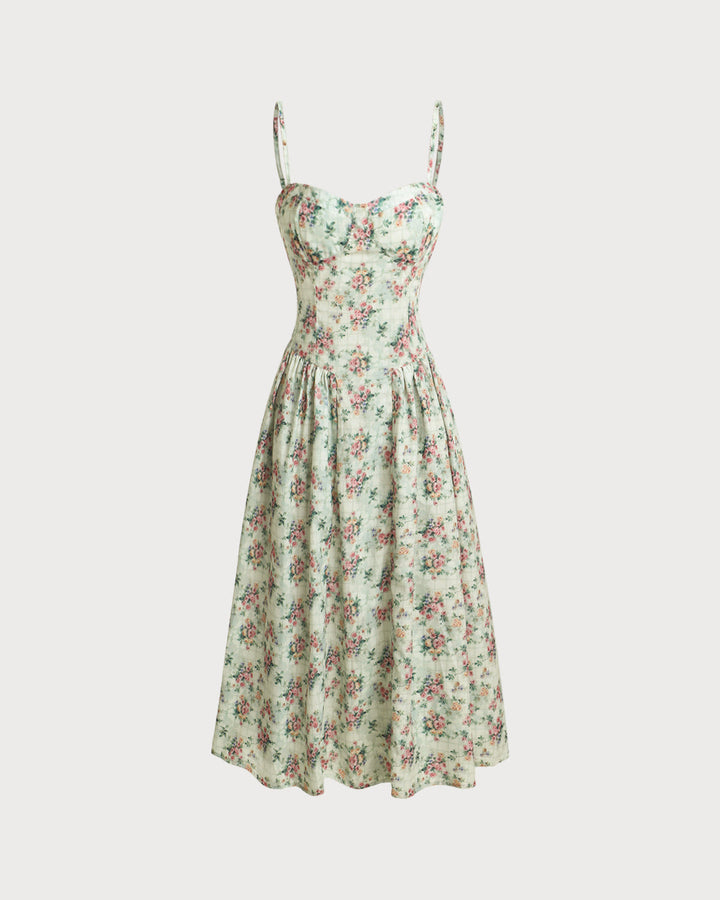 Vestido Midi de Tirantes con Escote Corazón y Pliegues en Verde Floral