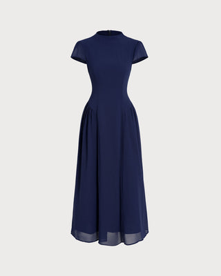 Vestido Midi de Manga Abullonada Azul