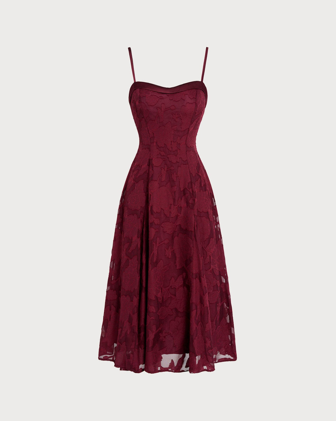 Vestido Midi Slip Jacquard de Cuello Corazón en Rojo Vino