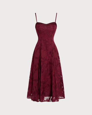 Vestido Midi Slip Jacquard de Cuello Corazón en Rojo Vino