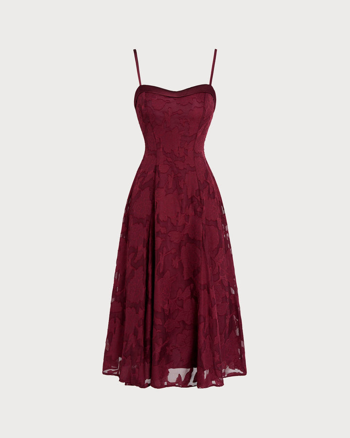 Vestido Midi Slip Jacquard de Cuello Corazón en Rojo Vino