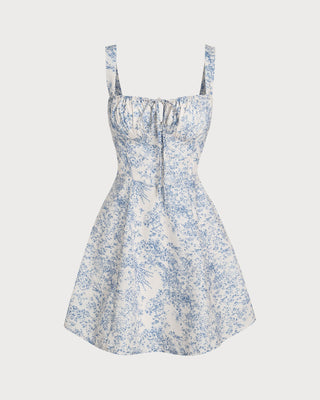 Vestido Mini Corsé de Tirantes Fruncidos con Estampado Floral Azul