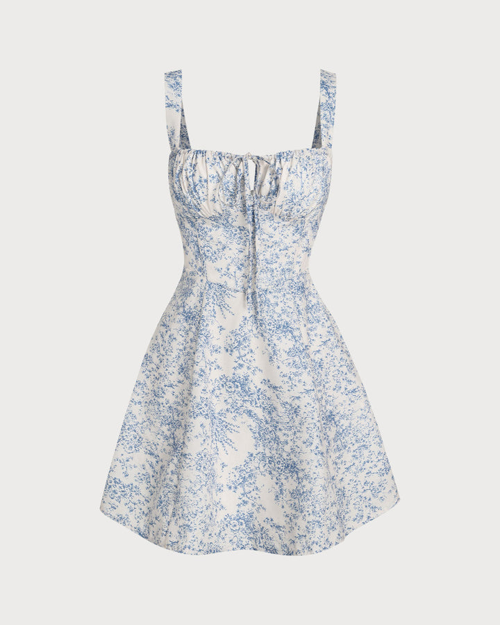 Vestido Mini Corsé de Tirantes Fruncidos con Estampado Floral Azul