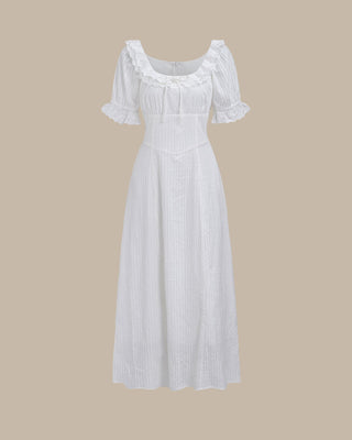 Vestido Maxi de Manga Abullonada con Bordado Blanco