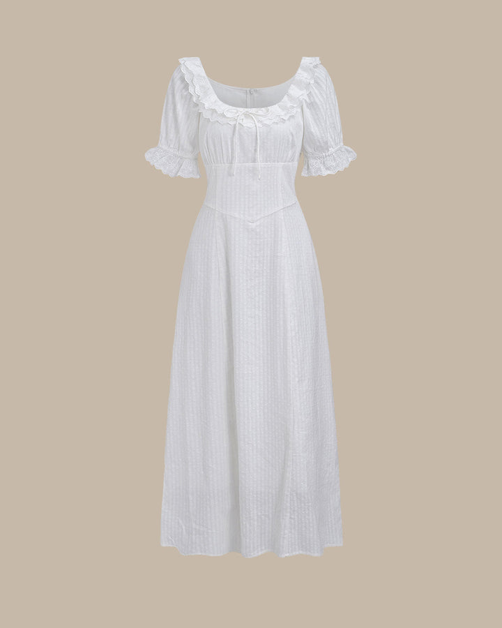 Vestido Maxi de Manga Abullonada con Bordado Blanco