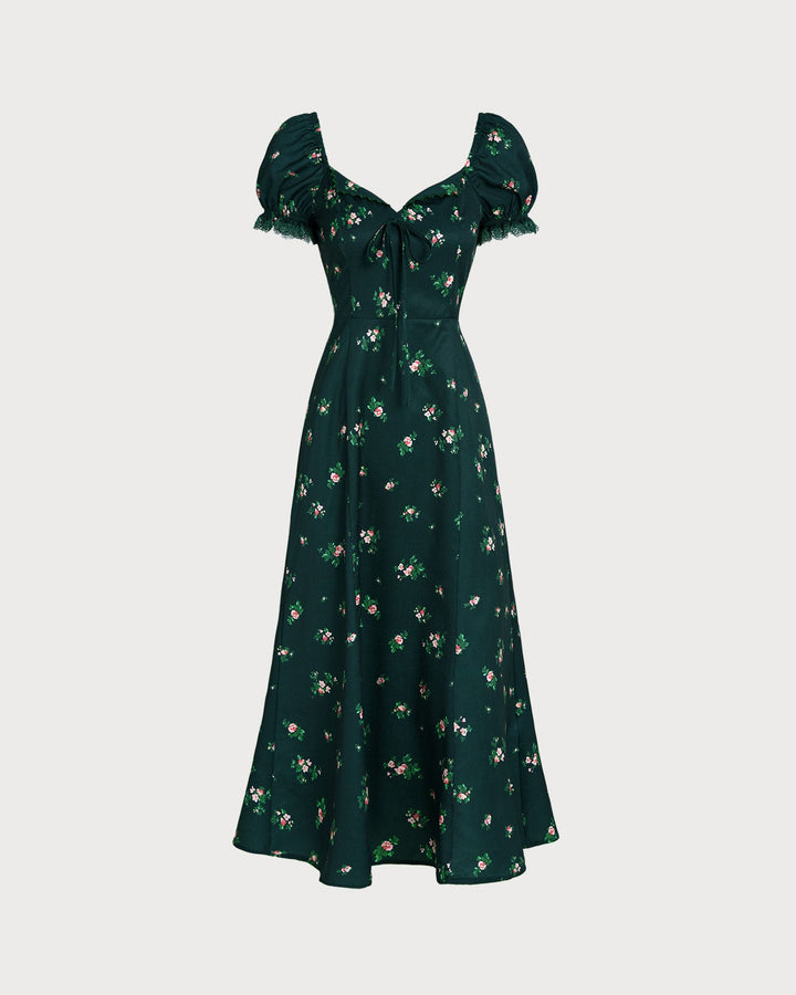Vestido Midi Floral con Mangas Abullonadas Verdes