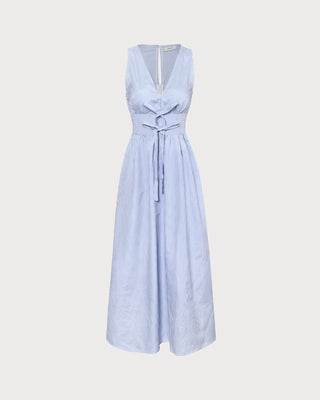 El Vestido Maxi Rayado con Escote en V y Fruncido Azul