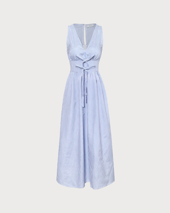 El Vestido Maxi Rayado con Escote en V y Fruncido Azul