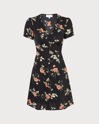 El Vestido Mini Floral Negro con Cuello en V