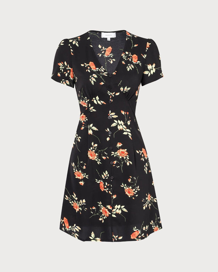 El Vestido Mini Floral Negro con Cuello en V