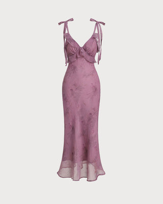 Vestido Midi con Volantes y Tirantes de Flores Moradas