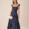Vestido Midi de Cuello Corazón Floral en Marino