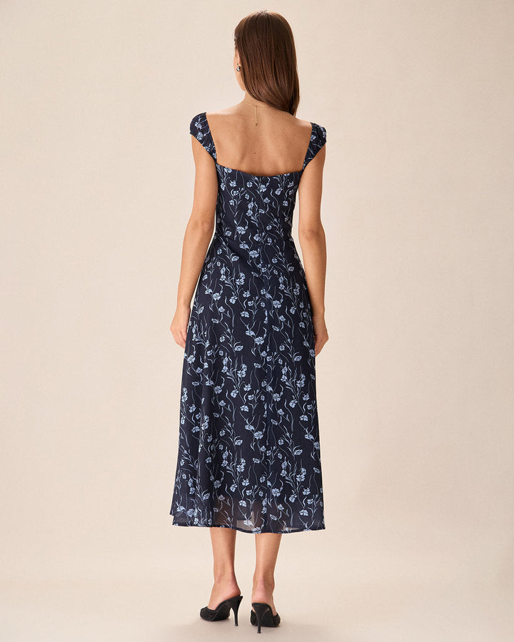 Vestido Midi de Cuello Corazón Floral en Marino