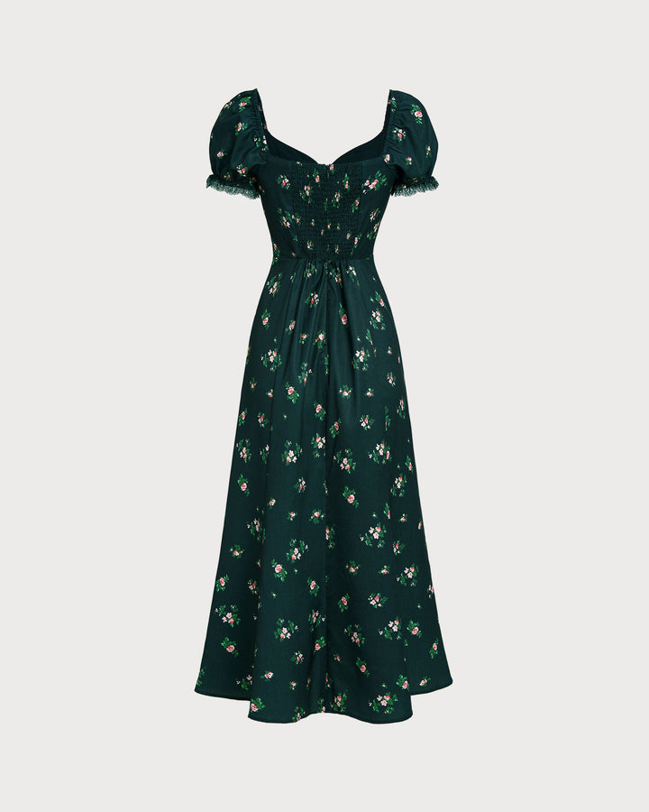Vestido Midi Floral con Mangas Abullonadas Verdes