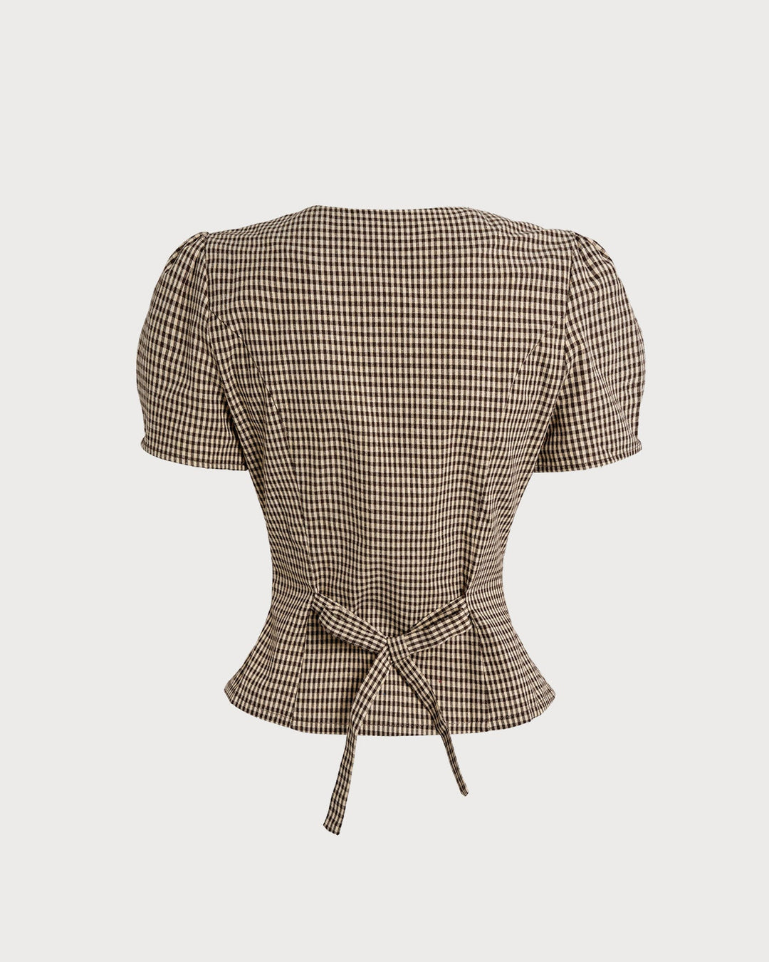 Blusa de Manga Abullonada a Cuadros Marrón