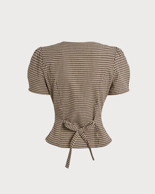 Blusa de Manga Abullonada a Cuadros Marrón