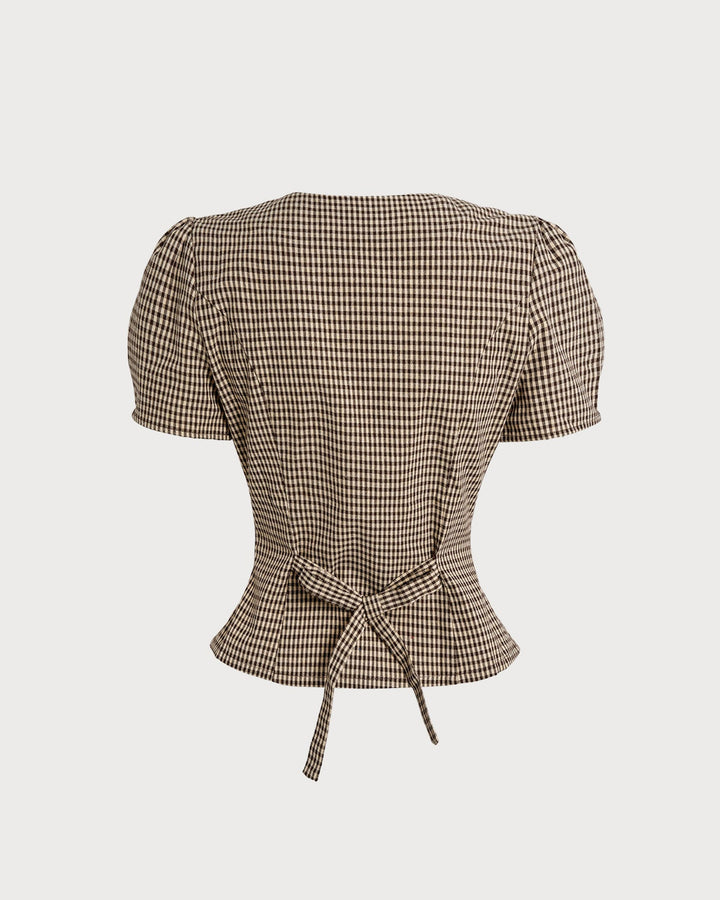 Blusa de Manga Abullonada a Cuadros Marrón