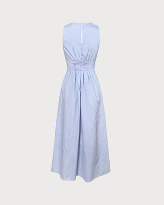 El Vestido Maxi Rayado con Escote en V y Fruncido Azul