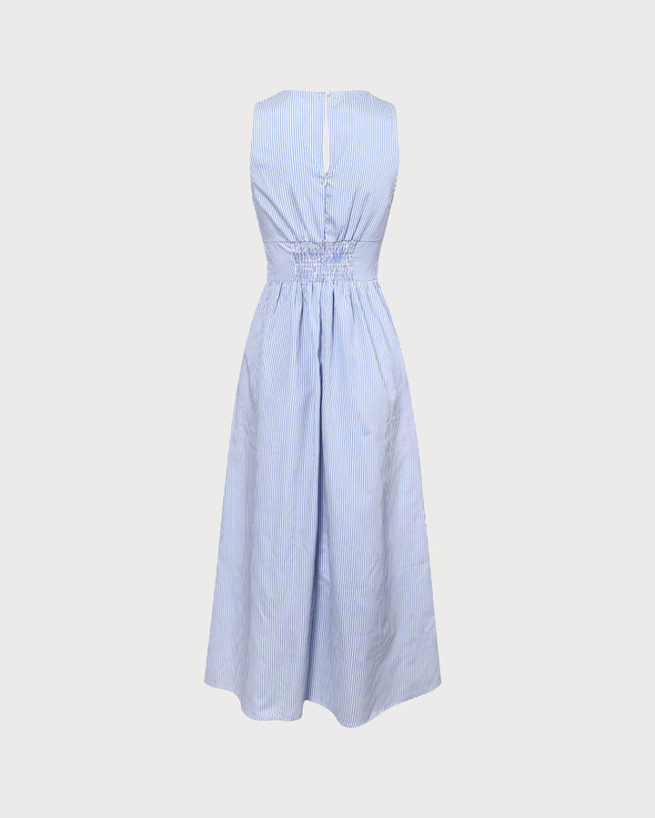 El Vestido Maxi Rayado con Escote en V y Fruncido Azul