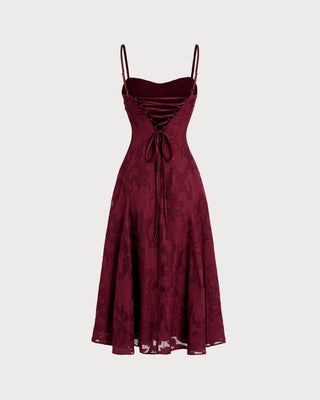 Vestido Midi Slip Jacquard de Cuello Corazón en Rojo Vino