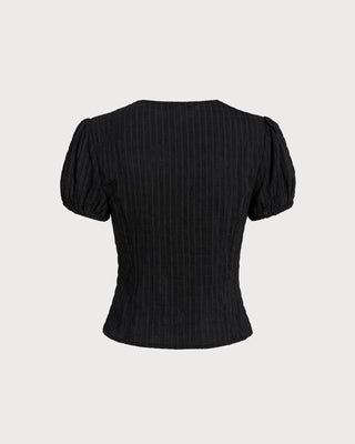 Blusa de Botones de Encaje Jacquard Negra