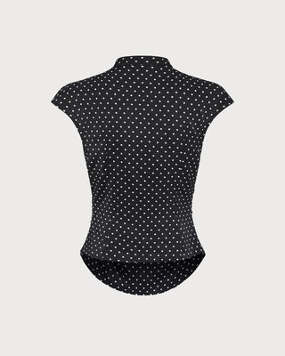 Camiseta de Cuello Mandarín con Lunares Negros
