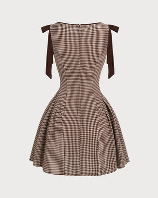 Vestido Mini de Tirantes con Cuadros Marrón