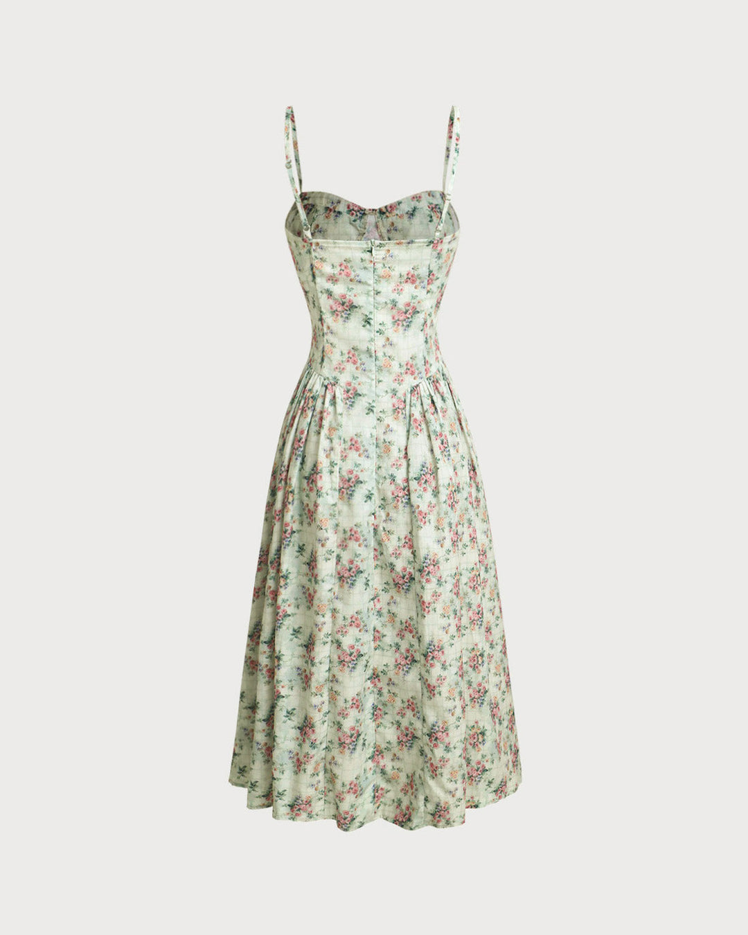 Vestido Midi de Tirantes con Escote Corazón y Pliegues en Verde Floral