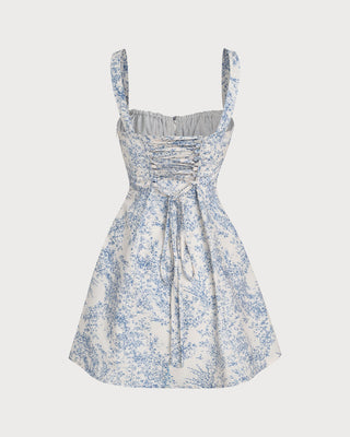 Vestido Mini Corsé de Tirantes Fruncidos con Estampado Floral Azul