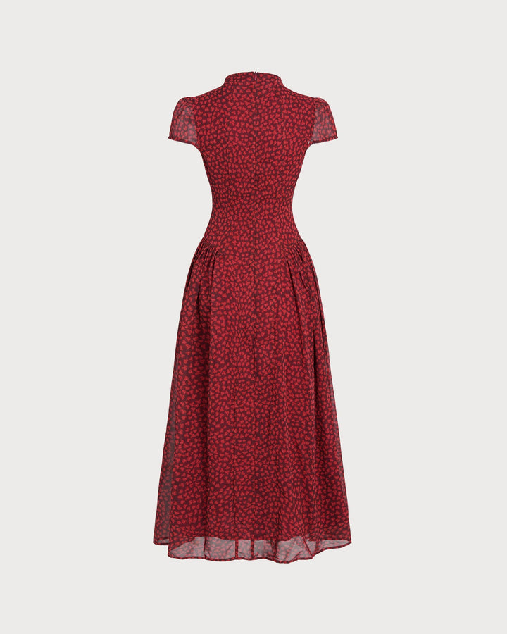 Vestido Maxi Floral de Manga Corta Roja